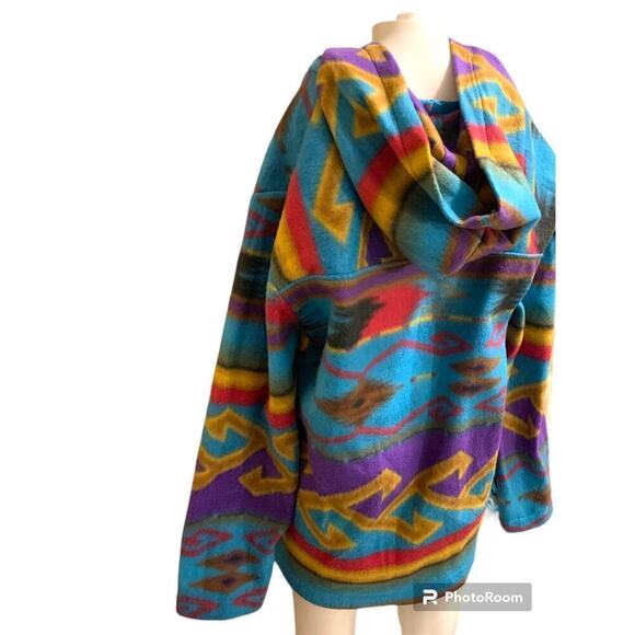 Vintage Handmade Aztec Women’s Size Large Fleece Hoodie Blue Tribal Print - Picture 3 of 4